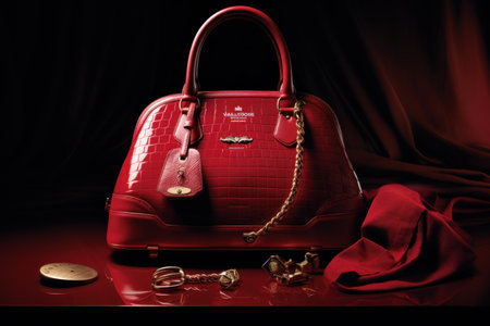 Luxury red leather handbag and jewelry on the table.の素材