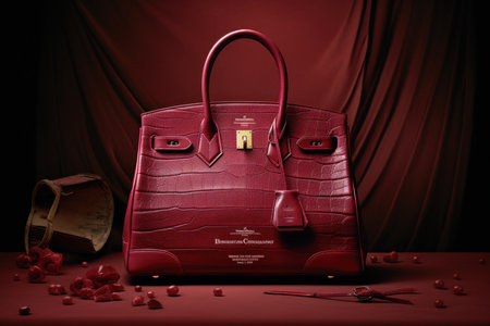 Red leather handbag on a red velvet background. 3d renderingの素材