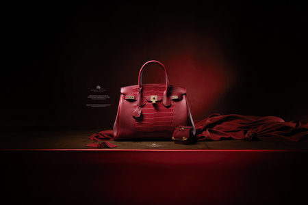 Fashionable red handbag on dark background with copy space.の素材