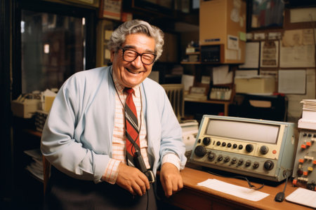 Senior man in his 50s and 60s working as a telemarketer at a radio stationの素材