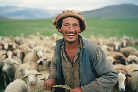 Farmer with sheep in a field of green grass and mountains.の素材