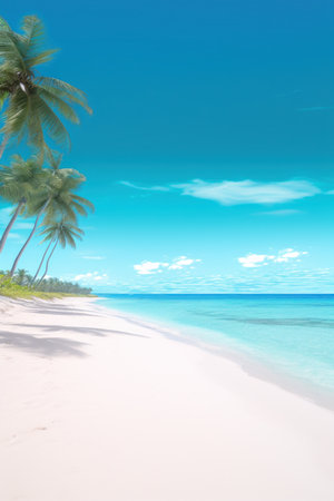 Tropical beach with palm trees and blue sky. 3d renderingの素材