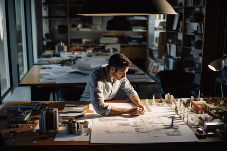 Architect working on blueprint at his desk in office. Construction concept.の素材