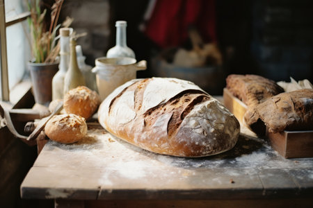 Freshly baked bread on a wooden table in a rustic kitchenの素材