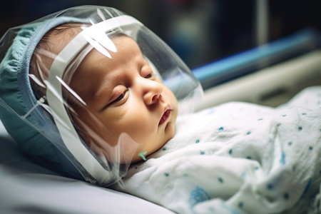 Cute newborn baby sleeping in a hospital bed. Concept of healthcare and medicine.の素材