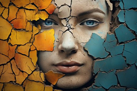 Portrait of a beautiful woman with blue eyes looking at camera through cracked wallの素材