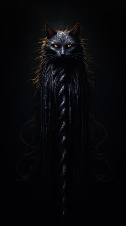 Black cat with black hair in a black cloak on a black backgroundの素材