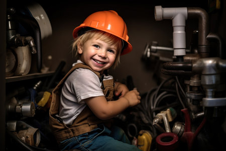 Portrait of a little boy in a construction helmet with tools.の素材