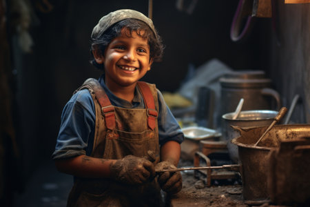 Happy indian little boy working in his pottery workshop. Shot in India.の素材
