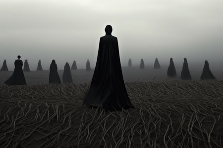 3d rendering of a graveyard with a man in a black cloakの素材