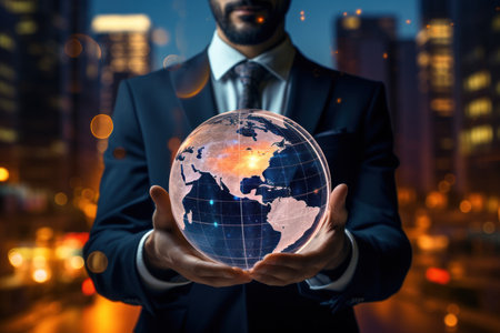 Businessman holding a glowing earth globe in his hands. Global business concept.の素材