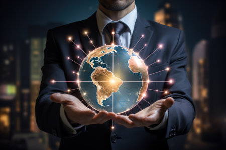 Businessman holding global network connection concept with cityscape background. 3D rendering.の素材