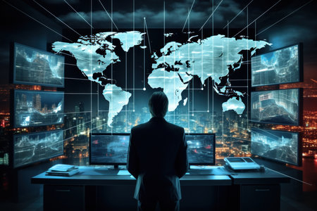 Back view of businessman looking at world map and night city at backgroundの素材