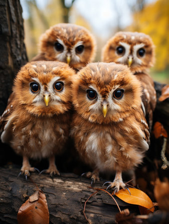 Three little owls sitting on a tree branch in the autumn forestの素材