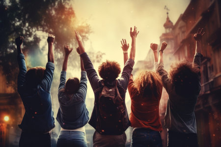 Group of friends having fun at music festival. Rear view of young people raising their hands and dancingの素材