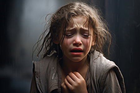 Close-up portrait of a crying little girl in the rain.の素材