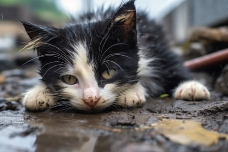 Cute little black and white kittenabandoned in the streetの素材