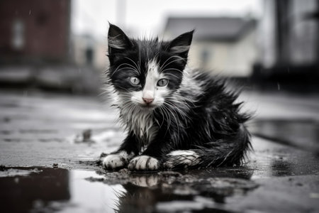 Cute black and white kitten playing in a puddle after rainの素材