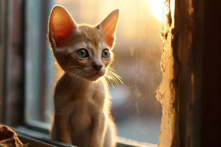 Cute little kitten sitting on window sill and looking at sunset.の素材