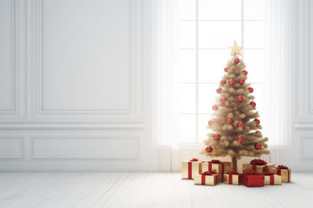 Christmas tree with gift boxes in white interior. 3D Renderingの素材