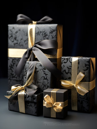 Black and gold gift boxes with golden ribbons on black background.の素材