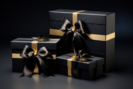 Black gift boxes with gold bow on black background. 3d renderingの素材