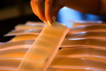 Closeup of a woman's hand holding a yellow nail file.の素材