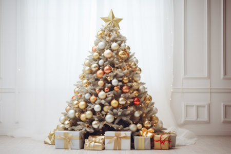 Christmas tree with gifts in a white room with a beautiful interior.の素材