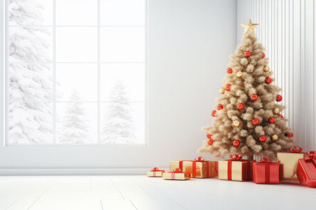Christmas tree with presents in white room with window. 3d renderingの素材