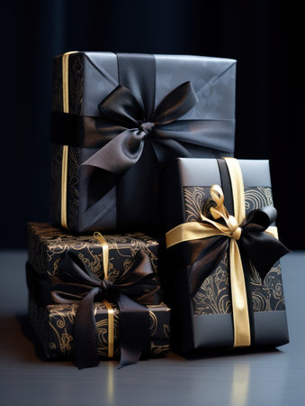 Three black gift boxes with gold ribbons on a dark background.の素材