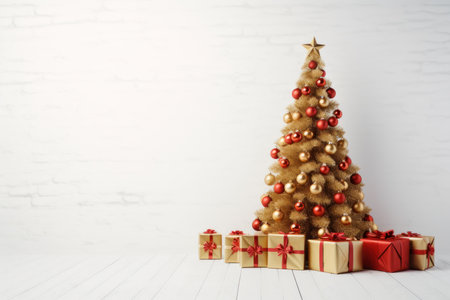 Christmas tree with gift boxes on white wooden table. 3d renderingの素材