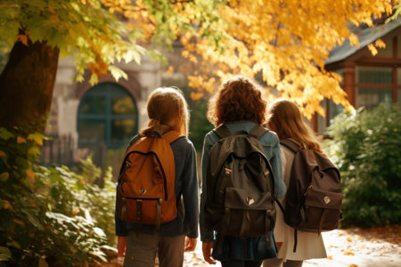 Back view of three schoolgirls with backpacks walking in autumn parkの素材
