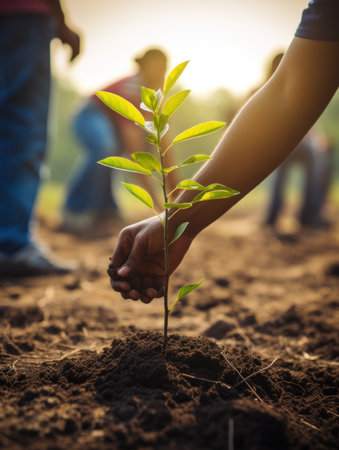 Human hands planting tree on fertile soil in garden. Earth day conceptの素材