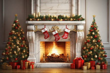 Christmas fireplace with christmas tree and presents. 3D rendering.の素材