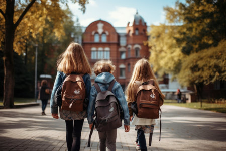 Back view of three schoolgirls with backpacks walking along the street in autumnの素材