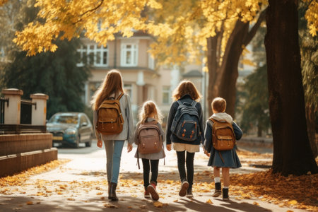 Back view of mother and daughters with backpacks walking in autumn parkの素材