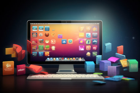Computer screen with colorful application icons, 3d illustration, horizontal compositionの素材