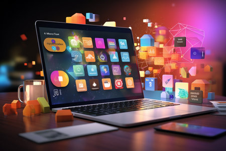 Laptop with colorful application icons on screen. 3d rendering.の素材