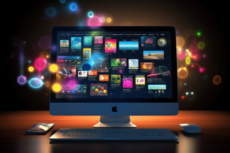 Modern computer with colorful abstract bokeh background. 3d renderingの素材
