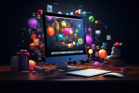 Computer screen with abstract technology concept on dark background. 3D Renderingの素材