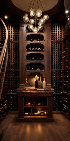 Interior of a wine cellar with shelves full of wine bottles.の素材