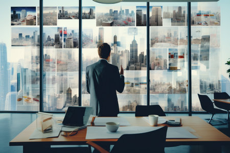 Businessman standing in front of window in modern office with city viewの素材