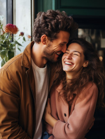 happy young couple hugging and smiling at each other while sitting in cafeの素材