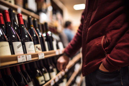 Rear view of young man choosing red wine in a wine storeの素材
