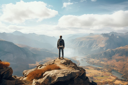 Man standing on top of the mountain and looking at the valley.の素材