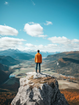 Man standing on the edge of a cliff and looking into the valleyの素材