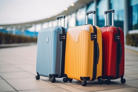 Colorful travel suitcases on the background of the airport terminal.の素材