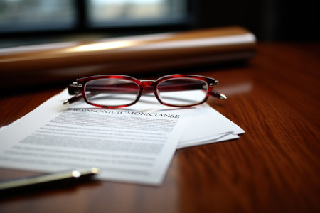 Glasses and contract on a wooden table, close-up.の素材