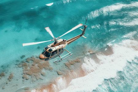 Aerial view of a helicopter flying over the sea. 3D Renderingの素材