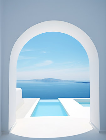 Santorini island, Greece, 3D render of a swimming poolの素材